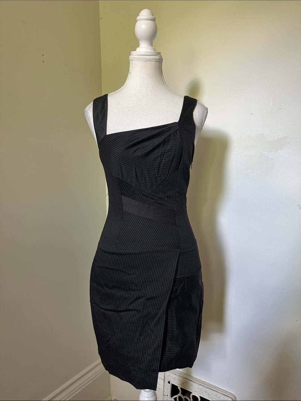 BEBE Black Y2K Pinstripe Utility Whimsigoth Asymmetrical Mini Bodycon Dress Sz 2